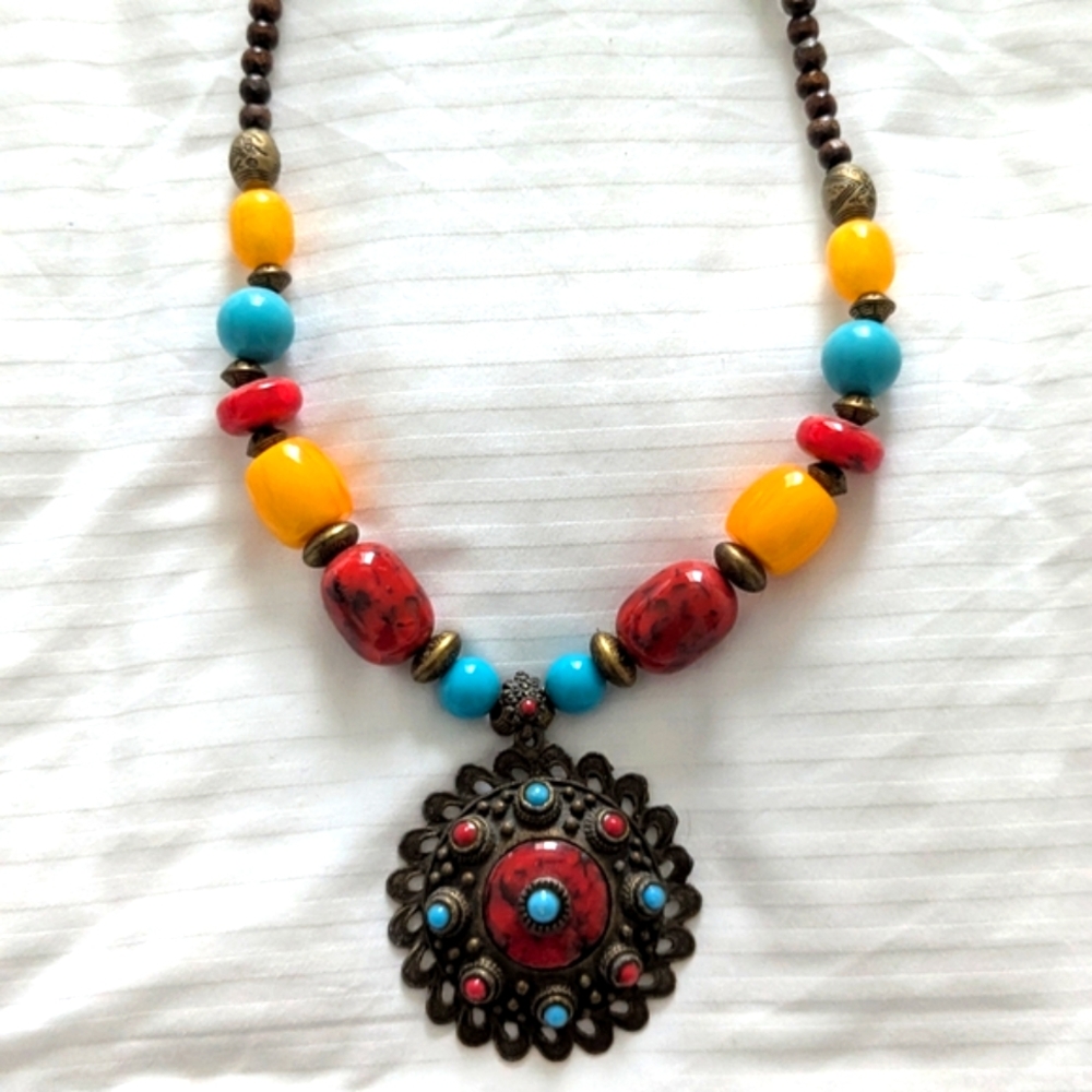Red and Yellow Bohemian Necklace with Medallion Pendant